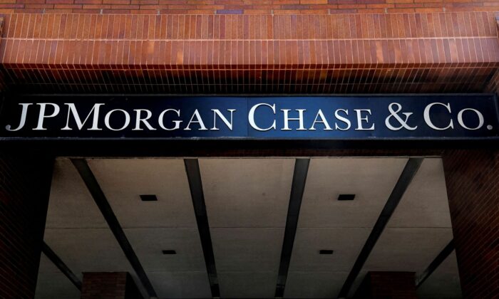 A sign outside JP Morgan Chase & Co. offices is seen in New York City, on March 29, 2021. (Brendan McDermid/Reuters)