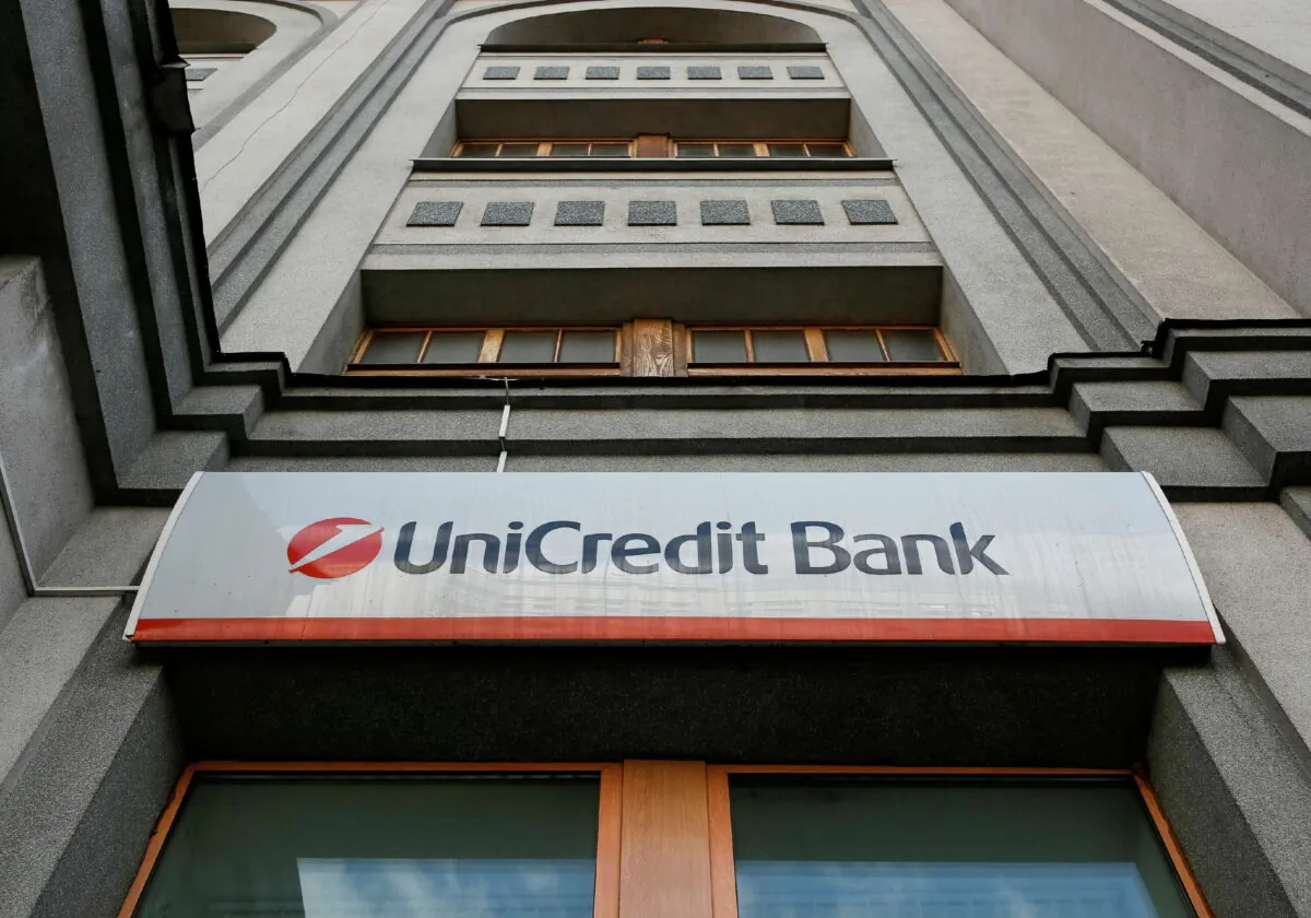 The logo of UniCredit Bank outside the company's branch in Kyiv, Ukraine, on March 30, 2016. (Gleb Garanich/Reuters)