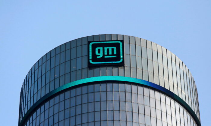 GM logo is seen on the facade of the General Motors headquarters in Detroit on March 16, 2021. (Rebecca Cook/Reuters)