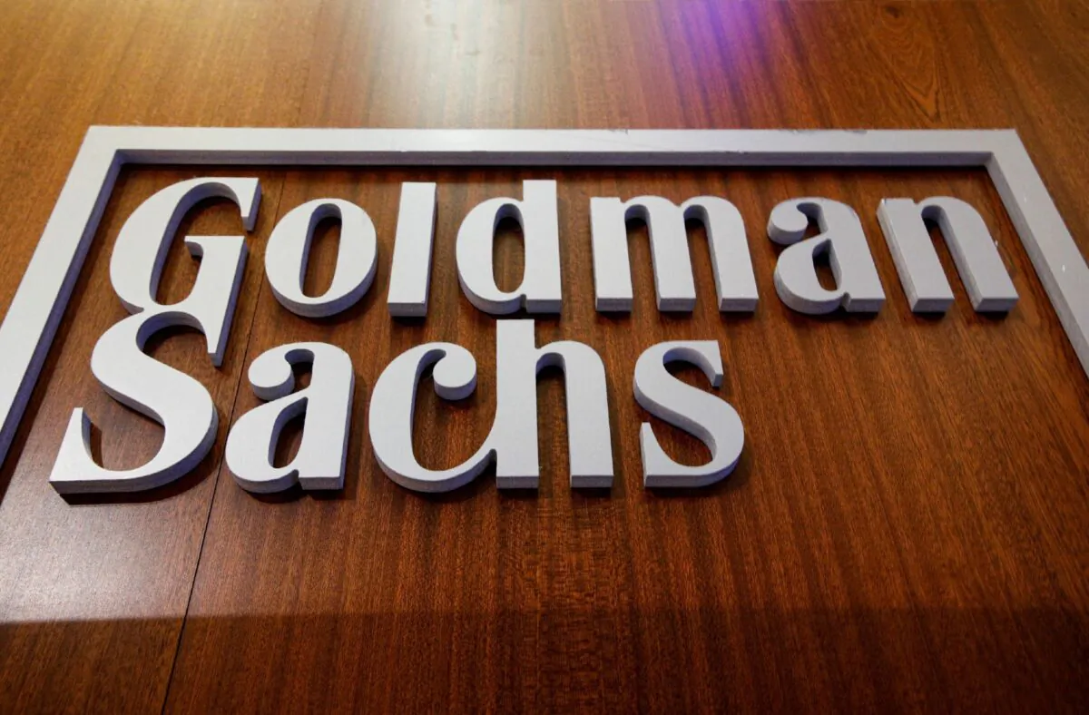The Goldman Sachs company logo on the floor of the New York Stock Exchange on July 13, 2021. (Brendan McDermid/Reuters)