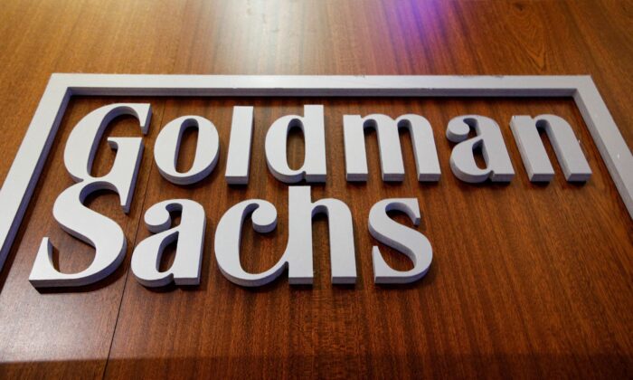 The Goldman Sachs company logo on the floor of the New York Stock Exchange on July 13, 2021. (Brendan McDermid/Reuters)