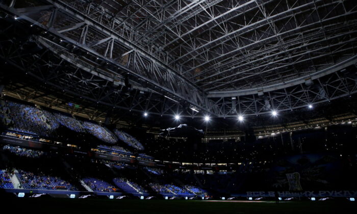 A general view inside the Gazprom Arena before a Europa League match between Zenit St Petersburg and Real Betis, in Saint Petersburg, Russia, on Feb. 17, 2022. (Anton Vaganov/Reuters)