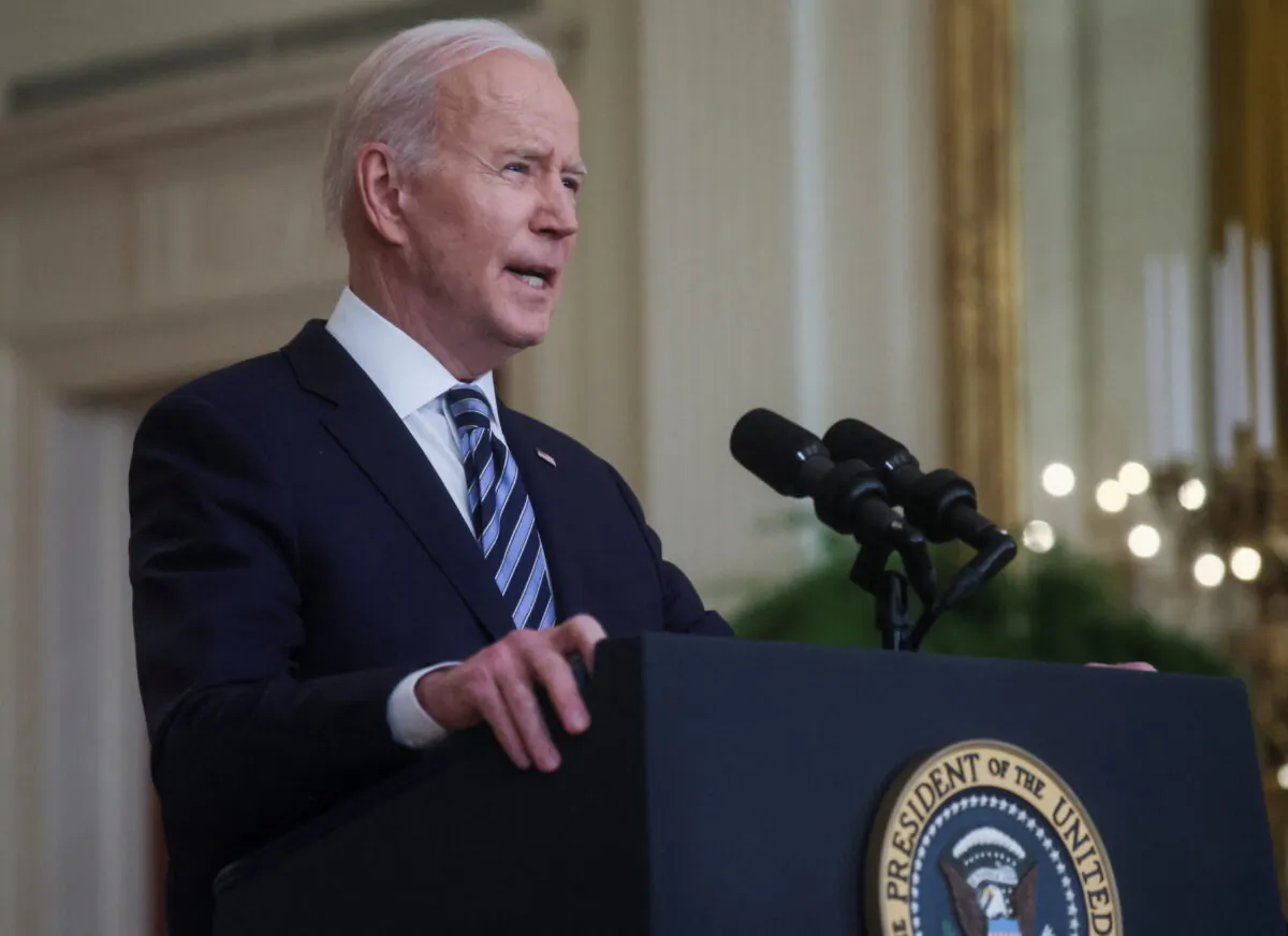 U.S. President Joe Biden delivers remarks on Russia's attack on Ukraine, in the East Room of the White House in Washington, U.S., February 24, 2022.  REUTERS/Leah Millis