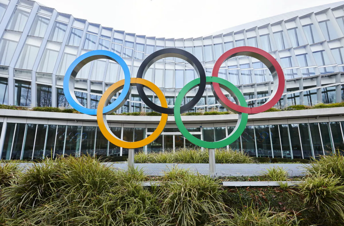 The Olympic rings in front of the International Olympic Committee (IOC) headquarters in Lausanne, Switzerland, on Dec. 7, 2021. (Denis Balibouse/Reuters)