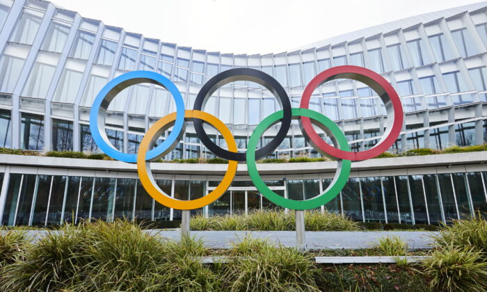 The Olympic rings in front of the International Olympic Committee (IOC) headquarters in Lausanne, Switzerland, on Dec. 7, 2021. (Denis Balibouse/Reuters)