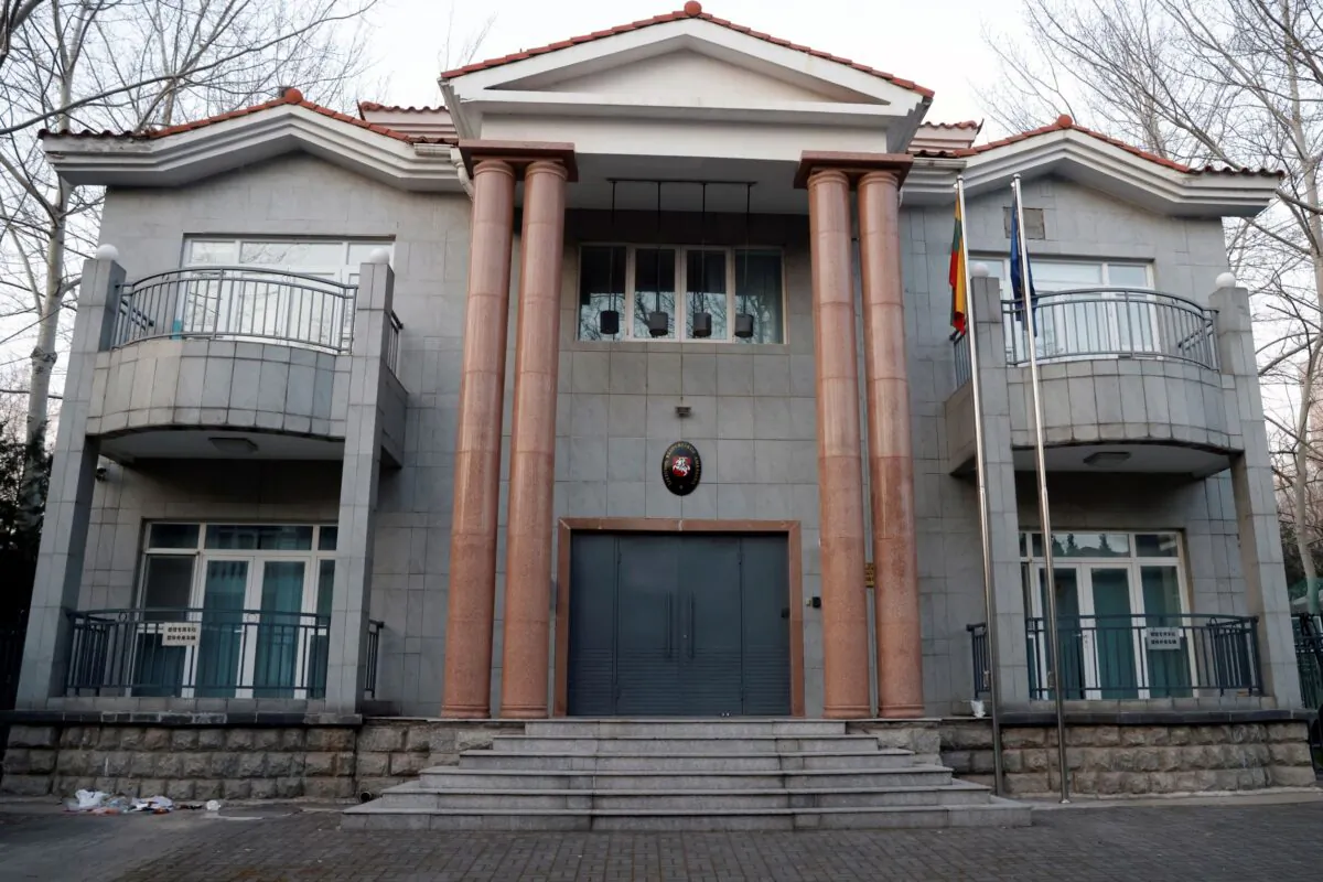 The Lithuanian embassy in Beijing, China, on Dec. 15, 2021. (Carlos Garcia Rawlins/Reuters)