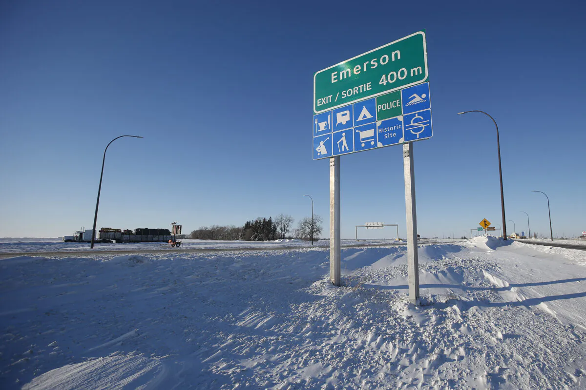 A road sign just outside of Emerson, Man., on Jan. 20, 2022. (The Canadian Press/John Woods)