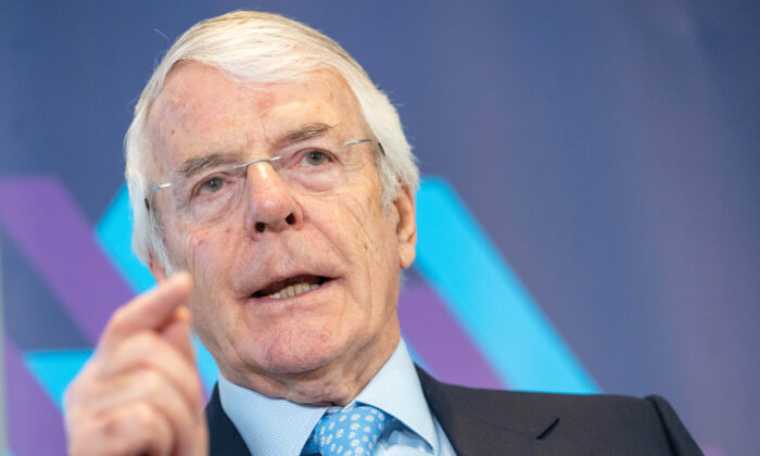 Former Prime Minister Sir John Major during his keynote speech at the Institute for Government, central London, on Feb. 10, 2022. (Dominic Lipinski/PA Media)