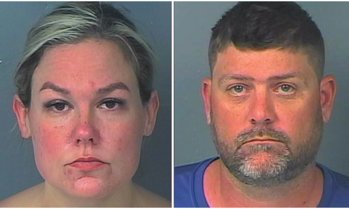 Booking photos of Susan Arneson and her husband, Douglas O'Berry, following their February 9, 2022 arrest for embezzling $1.5 million from the Humane Society where she once served as director of development. (Hernando County Detention Center)