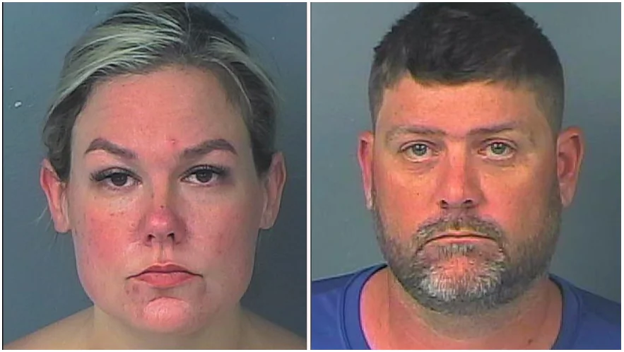 Booking photos of Susan Arneson and her husband, Douglas O'Berry, following their February 9, 2022 arrest for embezzling $1.5 million from the Humane Society where she once served as director of development. (Hernando County Detention Center)