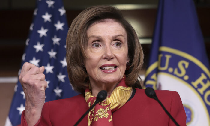 Speaker of the House Nancy Pelosi (D-Calif.) answers questions during a press conference at the U.S. Capitol in Washington on Feb. 9, 2022. (Win McNamee/Getty Images)