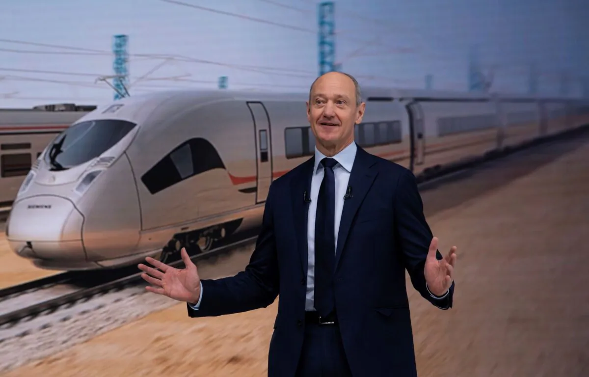 Roland Busch, President and CEO of Siemens AG talks on stage at the virtual Annual Shareholders' Meeting in Munich, Germany, on Feb. 10, 2022. (Sven Hoppe/Pool via AP)
