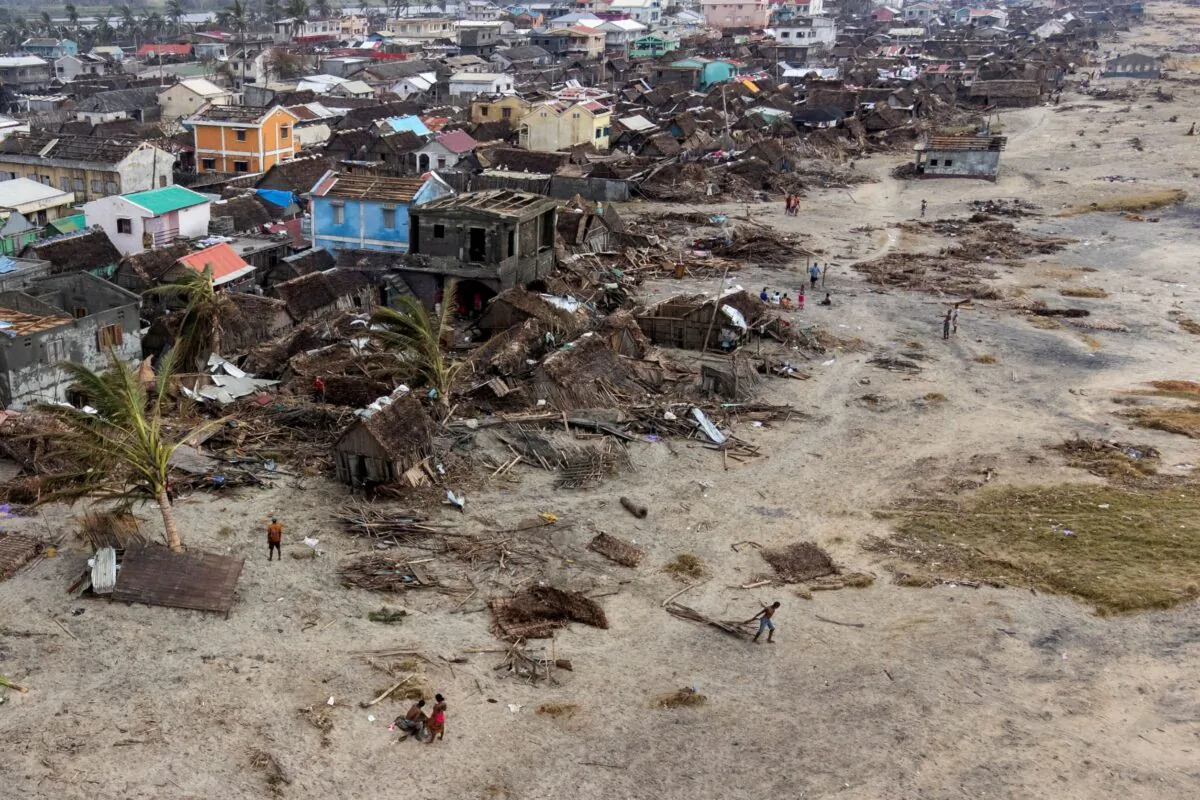 An aerial view shows damaged houses and debris on the beach, in the aftermath of Cyclone Batsirai, in Mananjary, Madagascar, on Feb. 8, 2022. Picture taken with a drone. (Alkis Konstantinidis TPX Images of the Day)