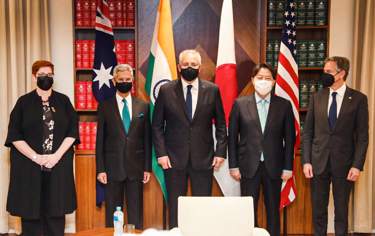 (L-R) Australian Minister for Foreign Affairs and Minister for Women Marise Payne, Australian Prime Minister Scott Morrison, Japanese Minister for Foreign Affairs Hayashi Yoshimasa and U.S. Secretary of State Antony Blinken at Melbourne Commonwealth Parliament Office in Melbourne, Australia, Feb. 11, 2022. (APP Image/Pool, David Crosling)