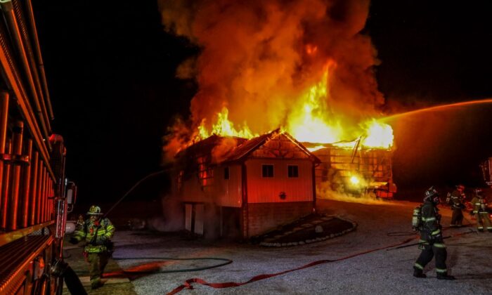 Barn fire at the Ely Fischer farm in Lancaster County, Pa., on Feb. 10, 2022. (Timothy Coover Maytown/East Donegal Township Fire Department Photographer) 