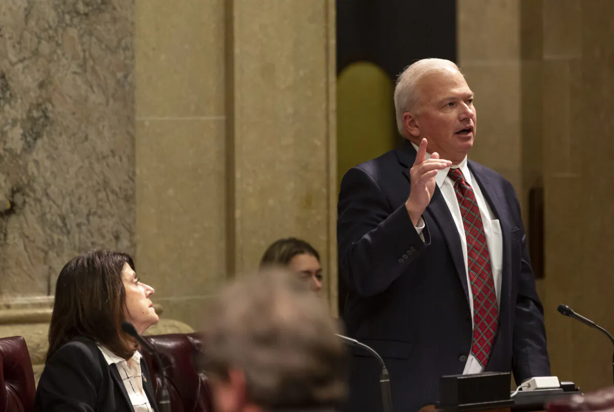 Then-Wisconsin Senate Majority Leader Sen. Scott Fitzgerald (R-Juneau) calls for session to end as State Sen. Leah Vukmir (R-Brookfield) looks on during a contentious legislative session in Madison, Wis., on Dec. 4, 2018. (Andy Manis/Getty Images)