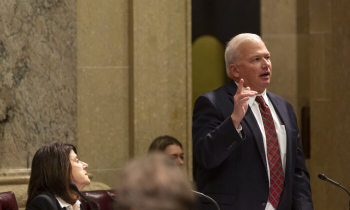 Then- Wisconsin Senate Majority Leader Sen. Scott Fitzgerald (R-Juneau), (R), calls for session to end as State Sen. Leah Vukmir (R-Brookfield) looks on during a contentious legislative session on Dec. 4, 2018 in Madison, Wisconsin. (Andy Manis/Getty Images)