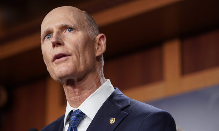 Sen. Rick Scott (R-Fla.) speaks about his opposition to S. 1, the "For The People Act" in Washington, on June 17, 2021. (Joshua Roberts/Getty Images)
