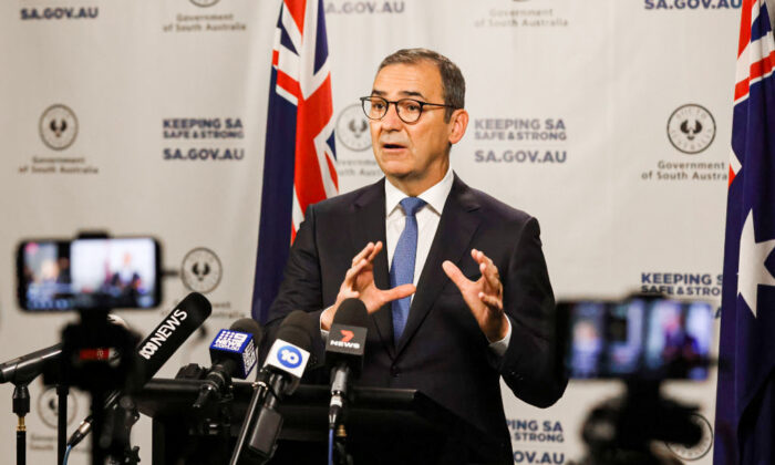 South Australian Premier Steven Marshall speaks to the media at the daily Covid update press conference in Adelaide, Australia on July 21, 2021. (Photo by Kelly Barnes/Getty Images)