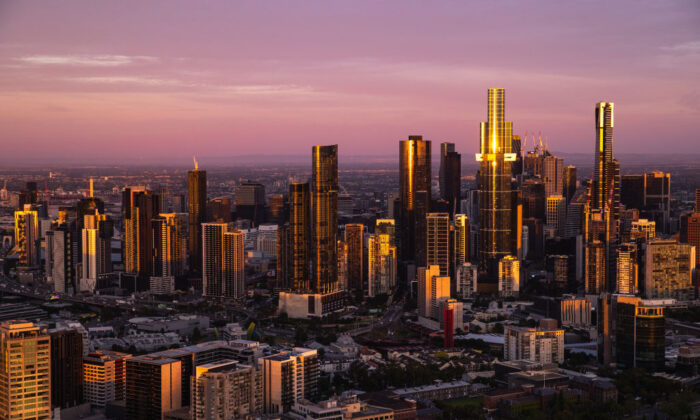 A view of Melbourne's central business district at sunrise in Melbourne, Australia, on Jan. 24, 2022 . (Cameron Spencer/Getty Images)