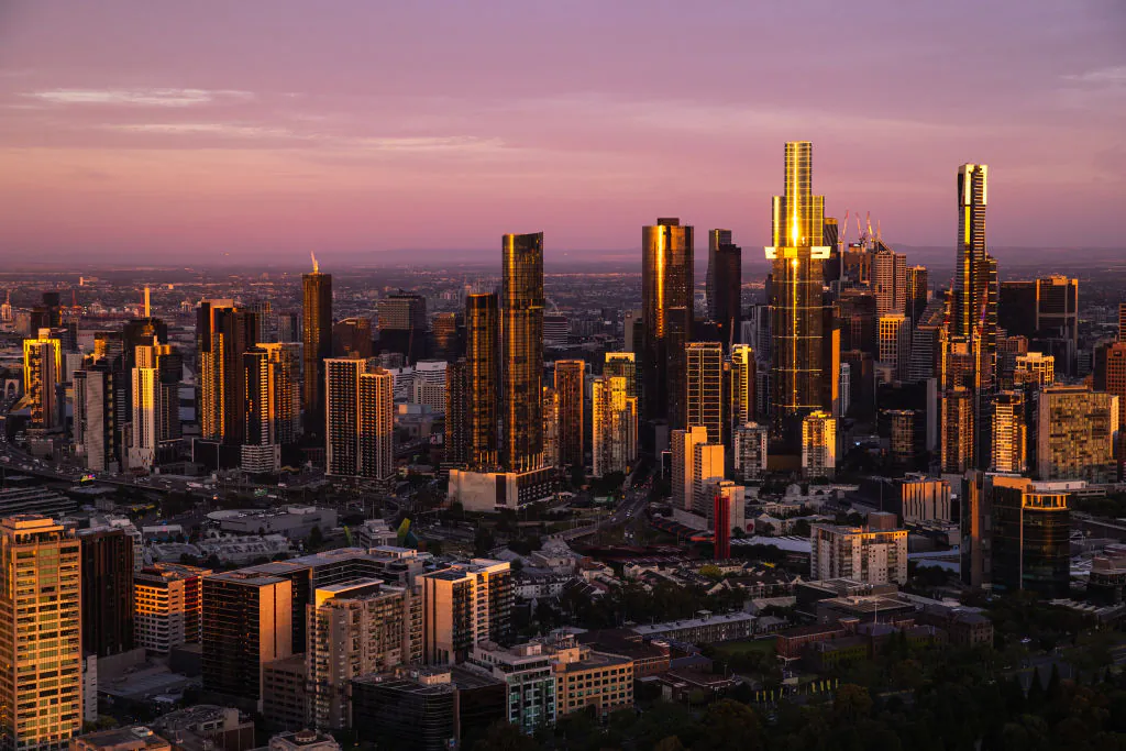 A view of Melbourne's central business district at sunrise in Melbourne, Australia, on Jan. 24, 2022 . (Cameron Spencer/Getty Images)