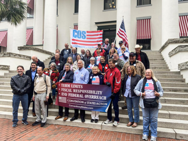 Convention of States team members gather on the steps of the Capitol Building in Tallahassee, Florida on February 8, 2022, for the annual Rally in Tally.