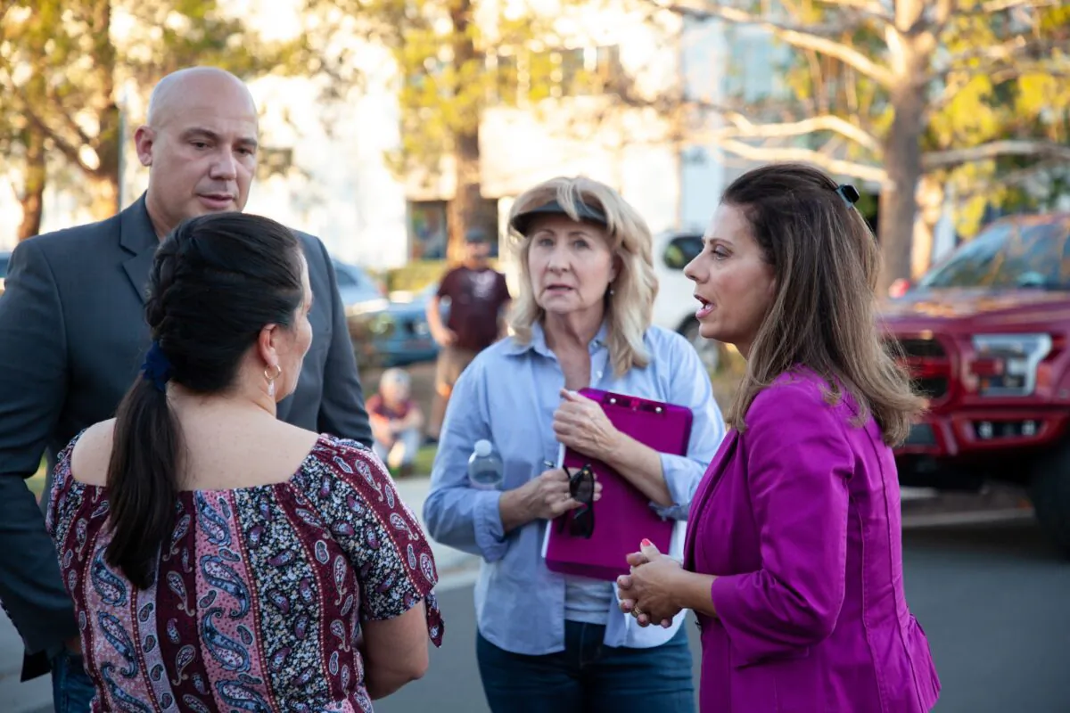 California Sen. Melissa Melendez (R-Lake Elsinore) (R), pictured right before the Murrieta Valley Unified School District Board of Education meeting in Murrieta, Calif., on Feb. 10, 2022. She told the school boardmembers that there would be consequences if they did not finally take a stand against California Gov. Newsom’s COVID-19 mandates for school children. (Courtesy of Tim Thompson)