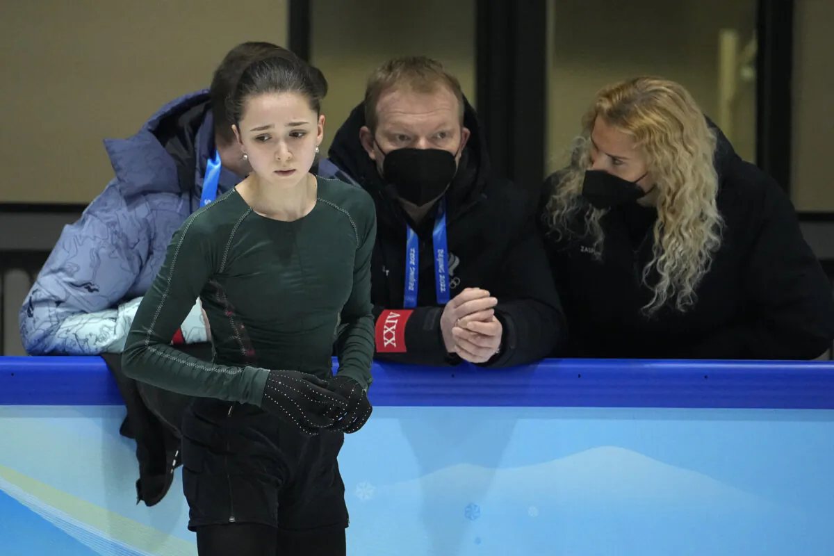 Kamila Valieva trains at the 2022 Winter Olympics in Beijing on Feb. 10, 2022. (Jeff Roberson/AP Photo)