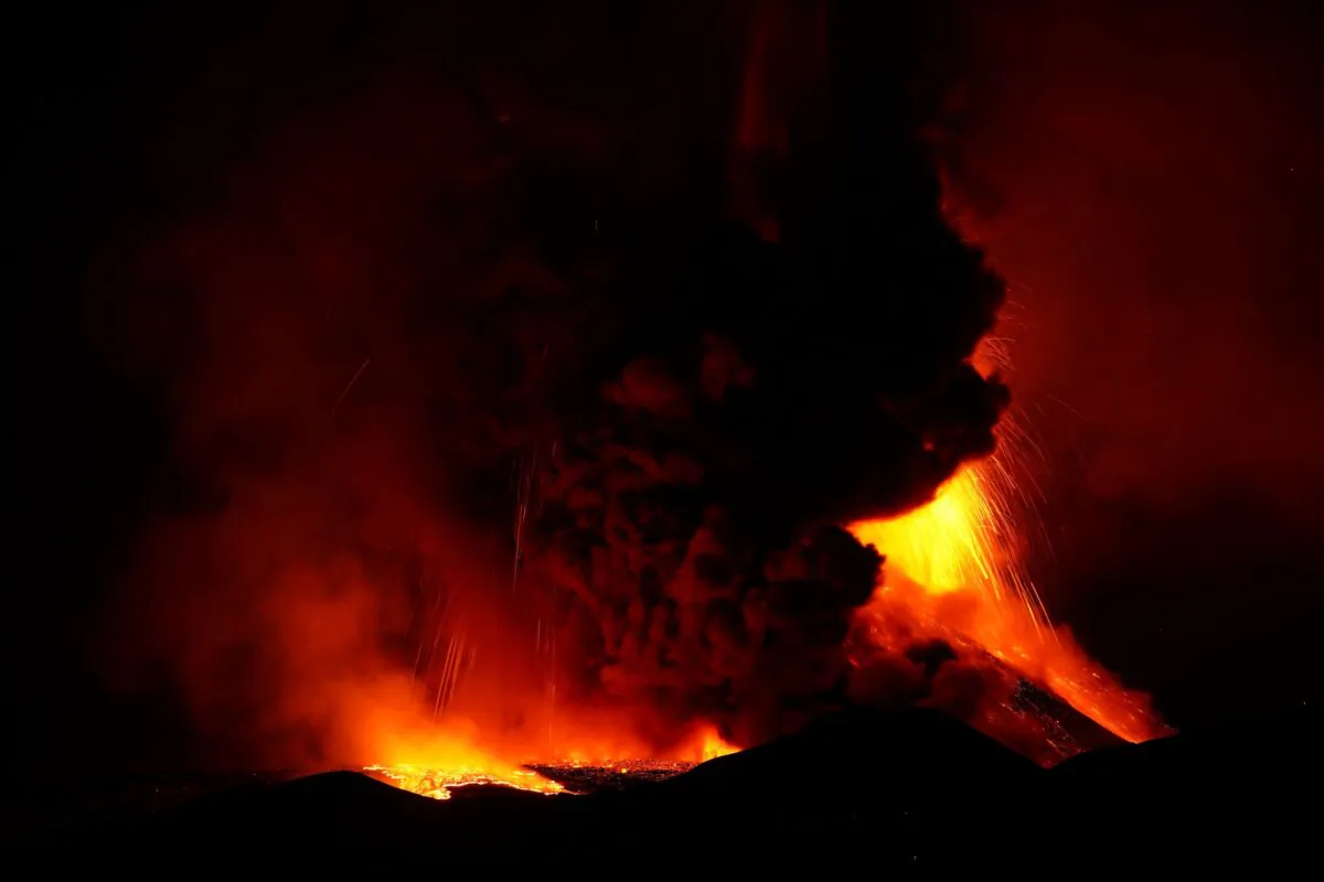 General view of an eruption of the South East volcano of Etna, Italy, on Feb. 10, 2022. (Antonio Parrinello/Reuters)