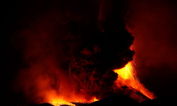 General view of an eruption of the South East volcano of Etna, Italy, on Feb. 10, 2022. (Antonio Parrinello/Reuters)