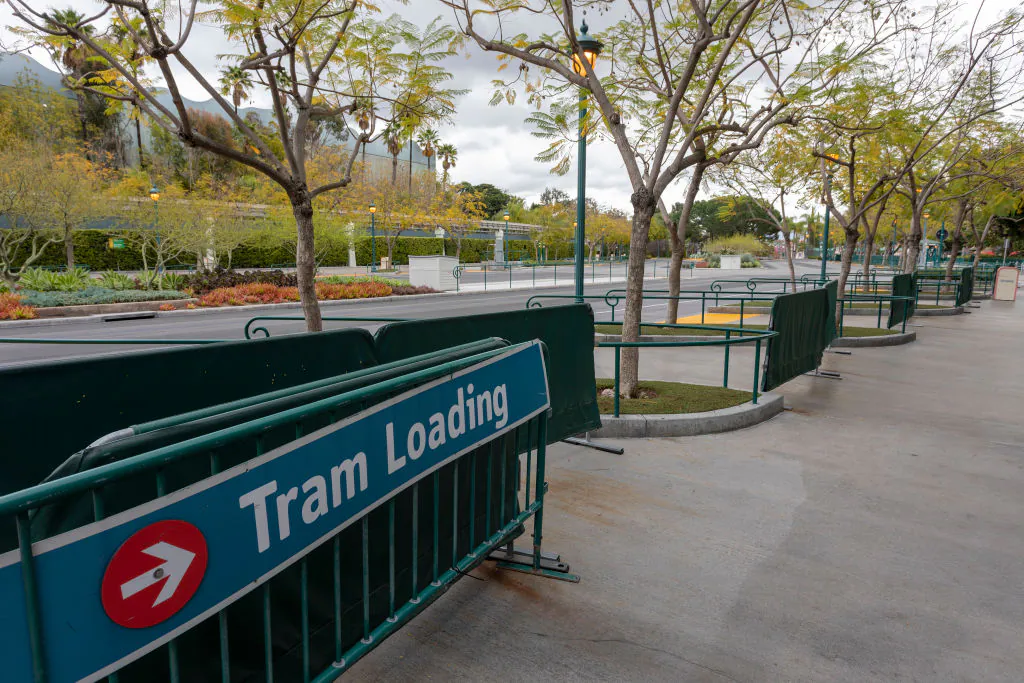A park tram loading area stands vacant on the first day of the closure of Disneyland and Disney California Adventure theme parks as fear of the spread of coronavirus continue, in Anaheim, California, on March 14, 2020. (David McNew/AFP via Getty Images)