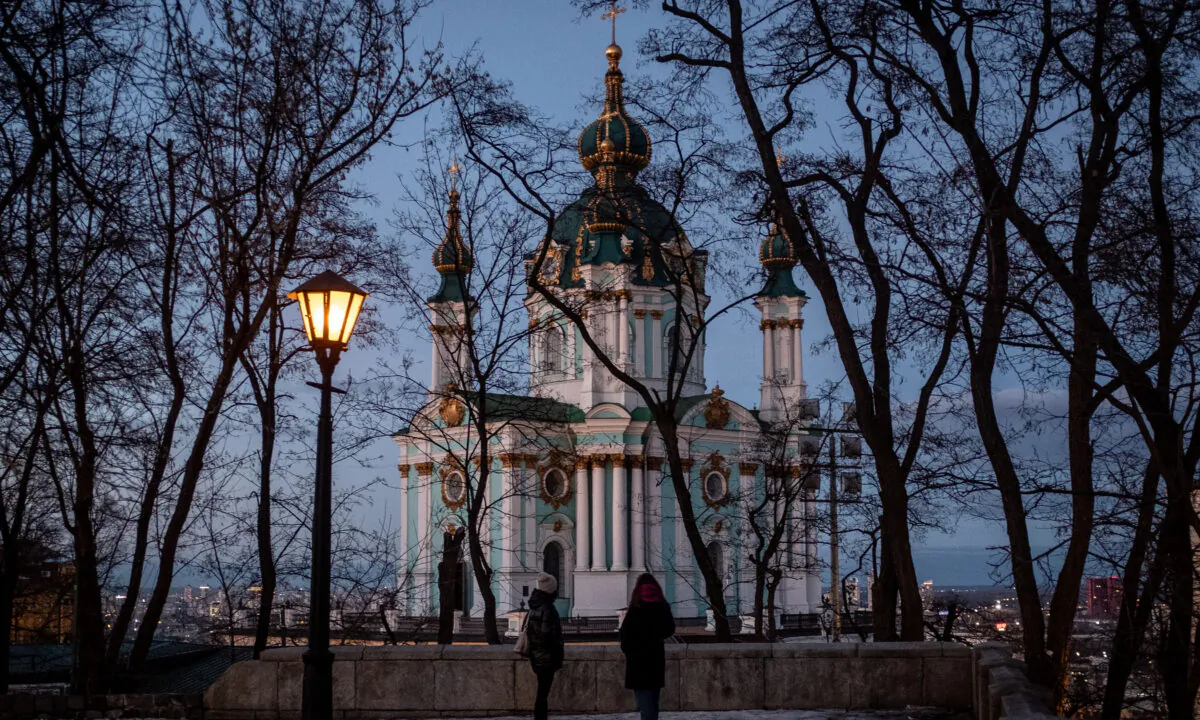 People view St Andrew's Church in Kyiv, Ukraine, on Feb. 11, 2022. (Chris McGrath/Getty Images)