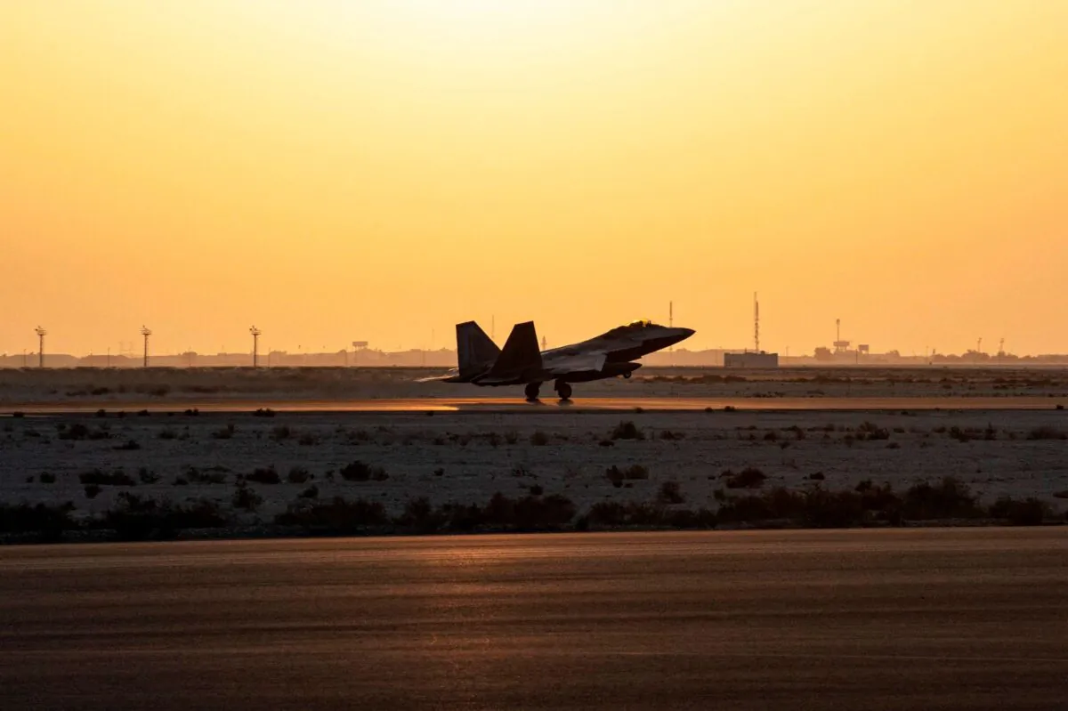 A U.S. Air Force F-22 Raptor arrive at Al-Dhafra Air Base in Abu Dhabi, United Arab Emirates, on Feb. 12, 2022. (Tech Sgt. Chelsea E. FitzPatrick/U.S. Air Force via AP)