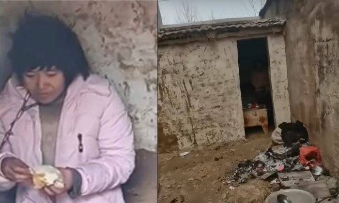Video screenshot of a mother of eight (L) shackled in a rural hut  in Xuzhou city, Jiangsu, China, in January 2022.  (Screenshots via Douyin)