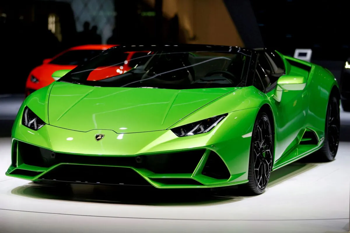 The Lamborghini Huracan Evo Spyder is displayed at the 89th Geneva International Motor Show in Geneva, Switzerland, on March 5, 2019. (Pierre Albouy/Reuters)