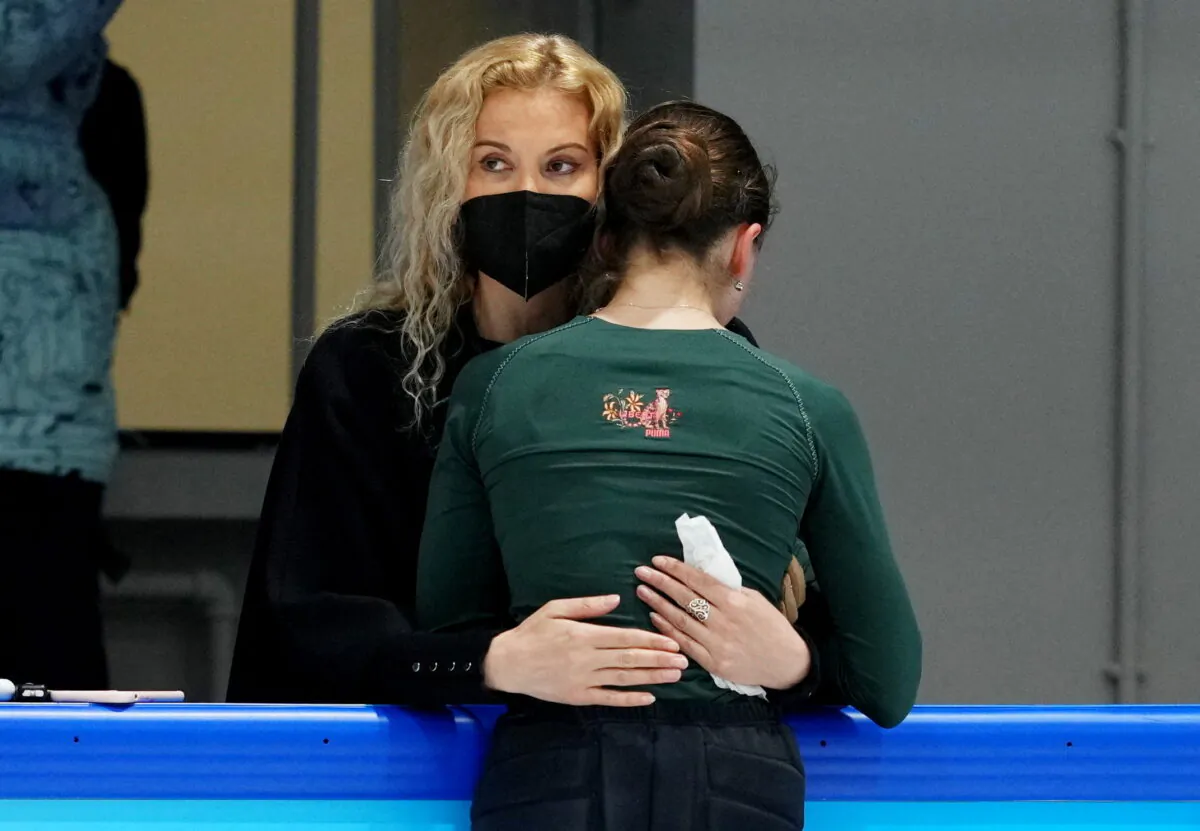 Kamila Valieva of the Russian Olympic Committee during training with the Russian Olympic Committee coach Eteri Tutberidze, at the 2022 Winter Olympics in Beijing on Feb. 12, 2022. (Aleksandra Szmigiel/Reuters)