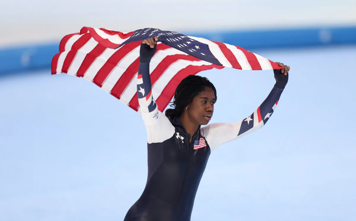 Erin Jackson of Team United States reacts after winning the gold medal during the Women's 500 meters on day nine of the Beijing 2022 Winter Olympic Games at National Speed Skating Oval in Beijing on Feb. 13, 2022. (Richard Heathcote/Getty Images)