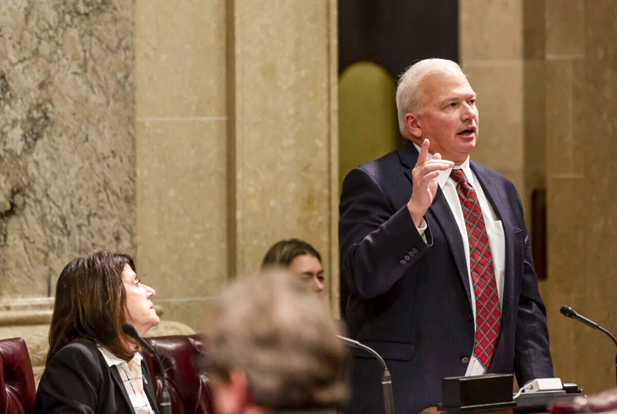 Then-Wisconsin Senate Majority Leader  Sen. Scott Fitzgerald (R-Juneau), (R), calls for session to end as State Sen. Leah Vukmir (R-Brookfield) looks on during a contentious legislative session on Dec. 4, 2018 in Madison, Wisconsin. (Andy Manis/Getty Images)