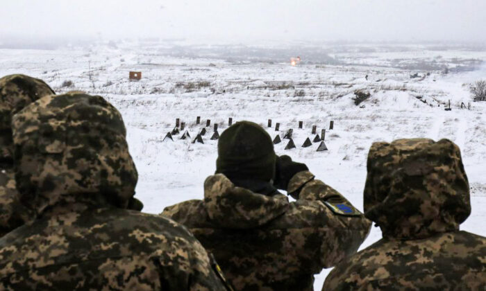 Ukrainian Military Forces servicemen attend a military drill with Next generation Light Anti-tank Weapon (NLAW) Swedish-British anti-aircraft missile launchers at the firing ground of the International Center for Peacekeeping and Security, near the western Ukrainian city of Lviv on Jan. 28, 2022. (AFP via Getty Images)