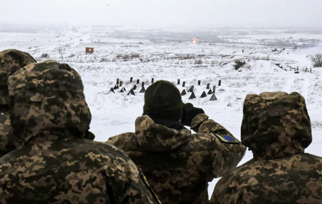 Ukrainian Military Forces servicemen attend a military drill with Next generation Light Anti-tank Weapon (NLAW) Swedish-British anti-aircraft missile launchers at the firing ground of the International Center for Peacekeeping and Security, near the western Ukrainian city of Lviv on Jan. 28, 2022. (AFP via Getty Images)