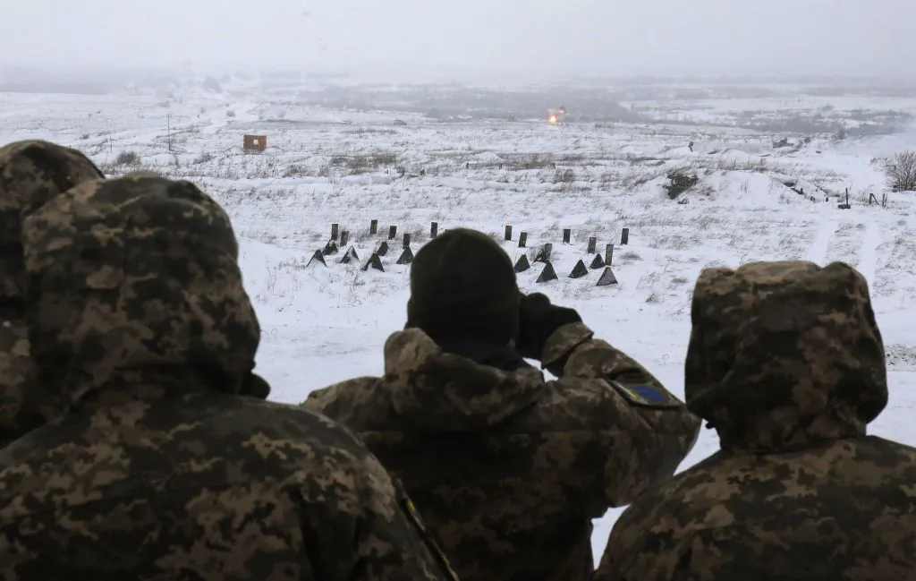 Ukrainian Military Forces servicemen attend a military drill with Next generation Light Anti-tank Weapon (NLAW) Swedish-British anti-aircraft missile launchers at the firing ground of the International Center for Peacekeeping and Security, near the western Ukrainian city of Lviv on Jan. 28, 2022. (AFP via Getty Images)