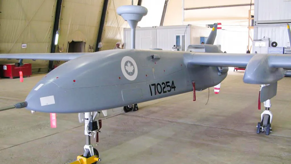 A Heron pilotless spy drone, operated by the Canadian military, sits in a hangar at Kandahar Airfield on July 5, 2010. (The Canadian Press/Bill Graveland)