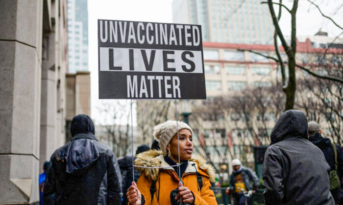 City workers gather to protest against COVID-19 vaccine mandates and restrictions in New York City on Feb. 7, 2022. (Angela Weiss/AFP via Getty Images)