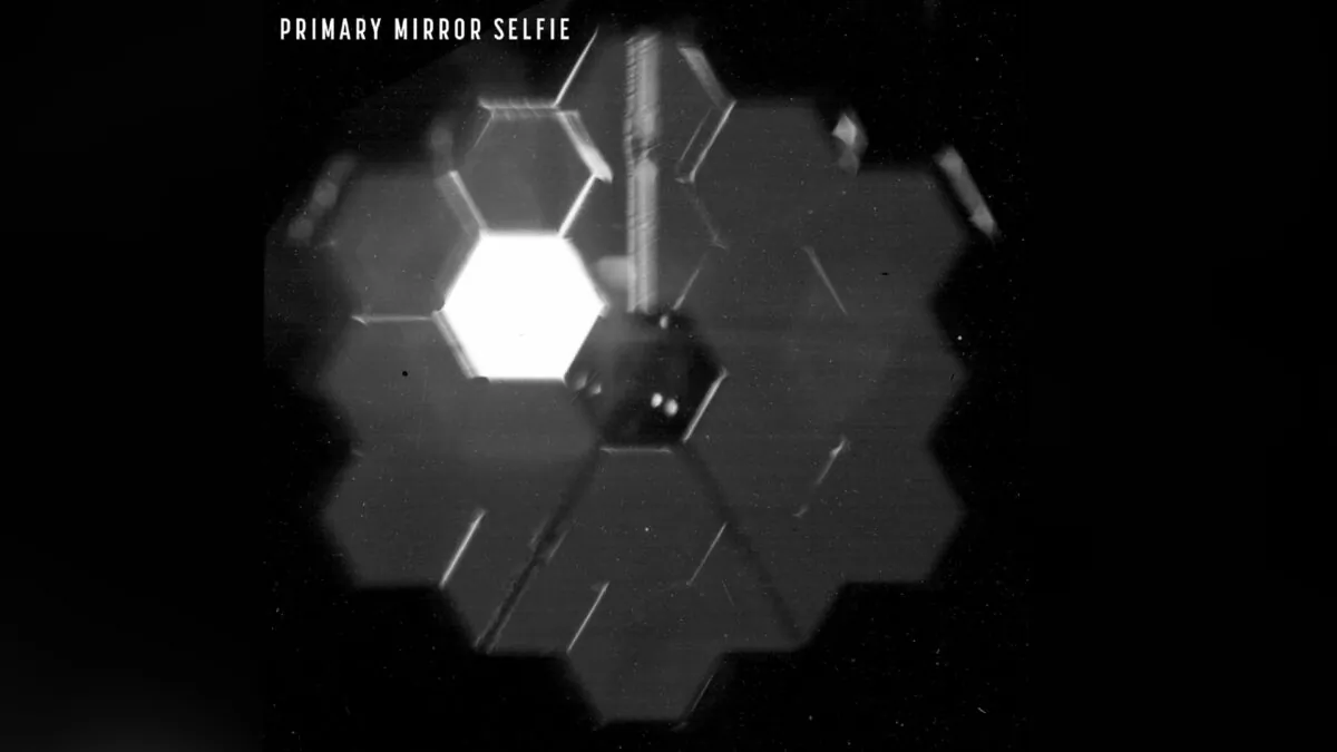 A “selfie” created using a specialized pupil imaging lens inside of the NIRCam instrument that was designed to take images of the primary mirror segments instead of images of space. (NASA via AP)