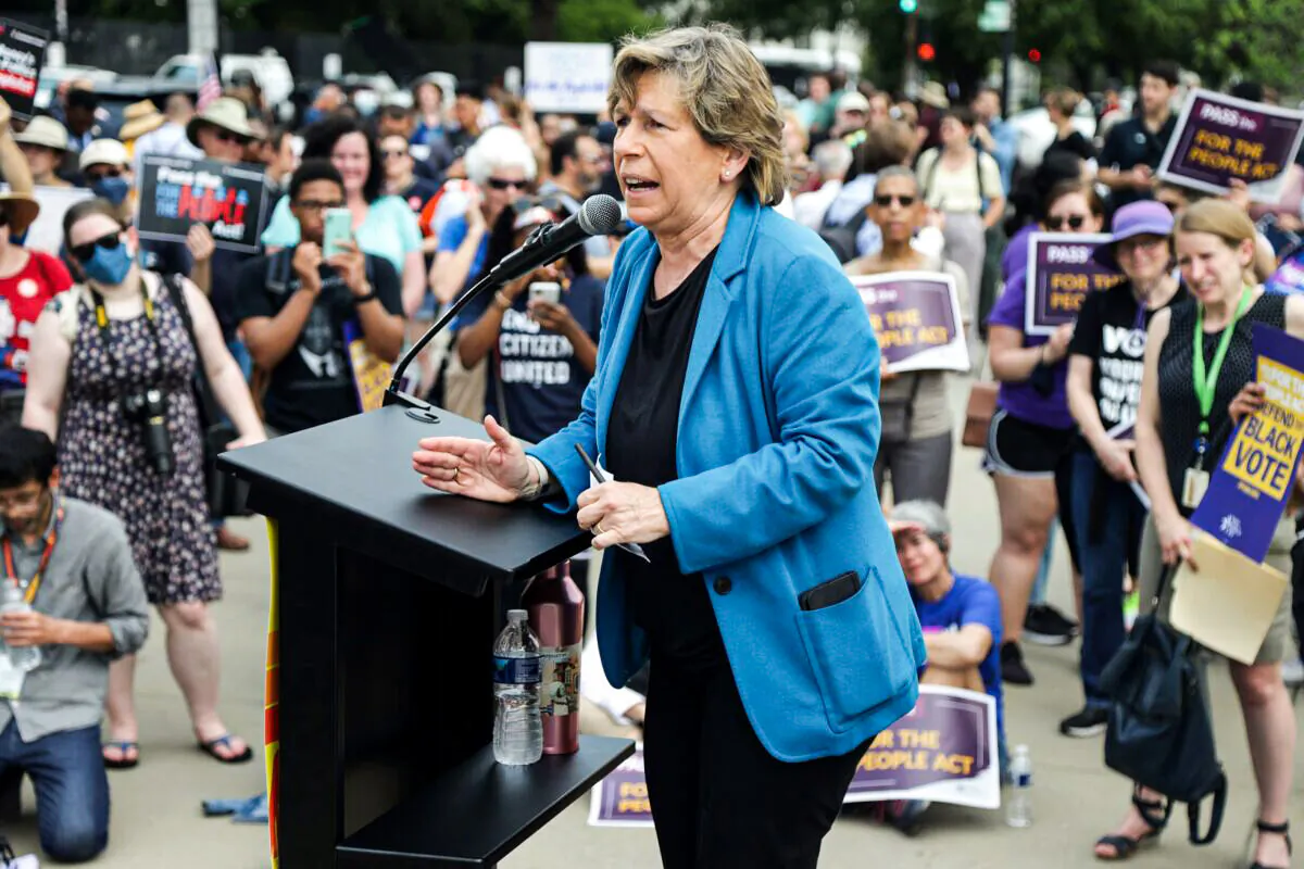 Randi Weingarten, president of the American Federation of Teachers, speaks during a rally in front of the U.S. Supreme Court in Washington on June 9, 2021. (Alex Wong/Getty Images)