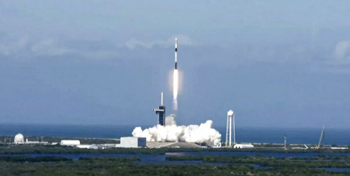 In a still from video, a Falcon 9 rocket carrying a batch of 49 Starlink satellites launches at the Kennedy Space Center in Cape Canaveral, Fla., on Jan. 3, 2022. (Screenshot/SpaceX via AP)