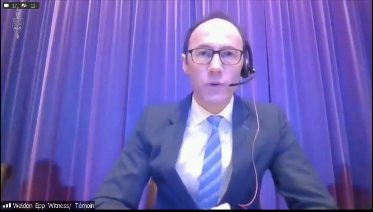 Weldon Epp, director general for Global Affairs Canada's North Asia and Oceania Bureau, testified on the situation of the Taiwan Strait before the House of Commons Standing Committee on Foreign Affairs and International Development on Feb. 14, 2022. (ParlVU/Screenshot via The Epoch Times)