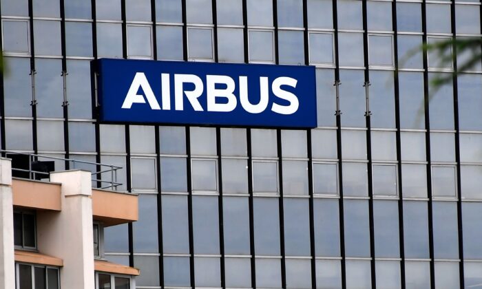 The Airbus logo on the company headquarter's building in Saint-Martin du Touch near Blagnac, in the outskirt of Toulouse, France, on July 2, 2020. (Georges Gobet/AFP via Getty Images)