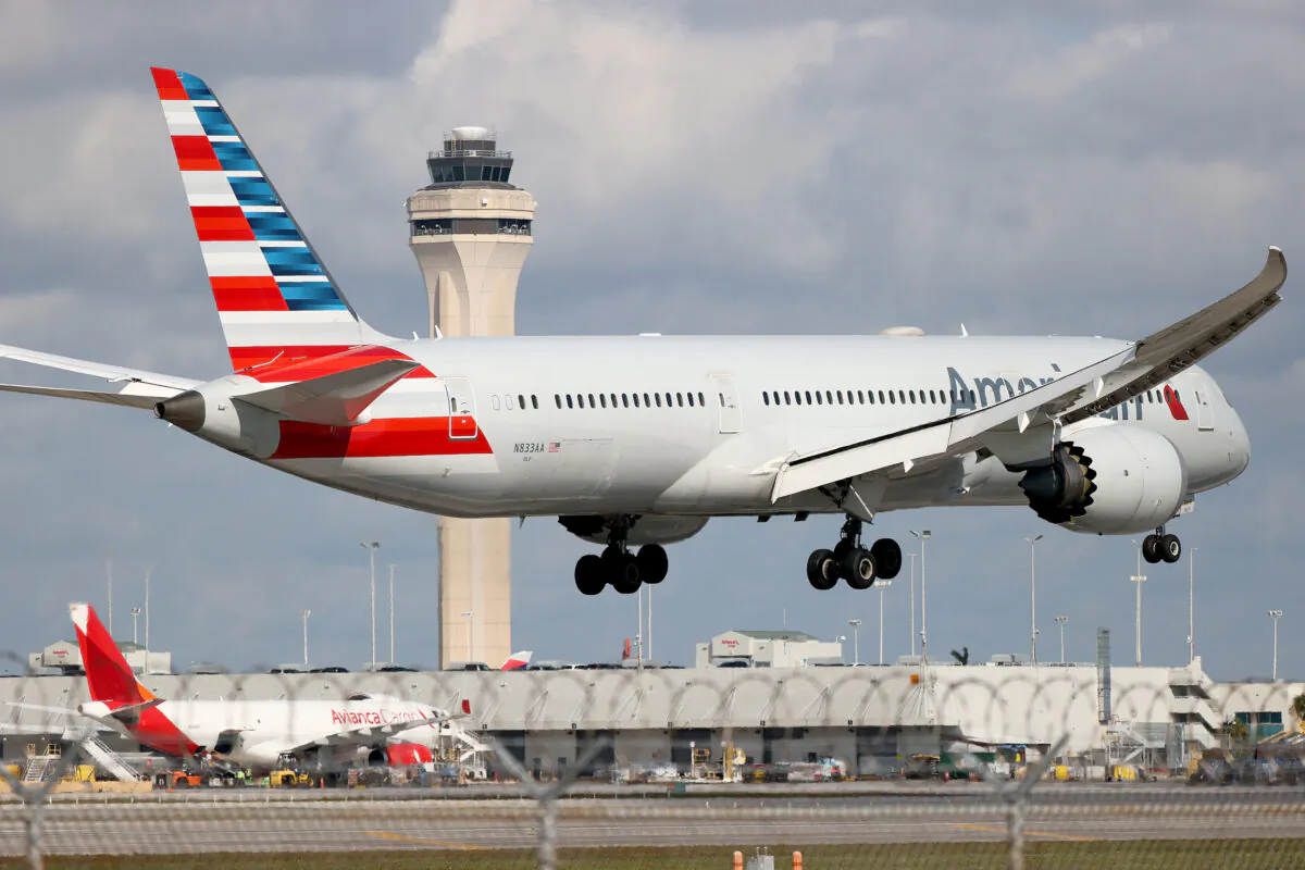 An American Airlines Boeing 787-9 Dreamliner lands at the Miami International Airport in Miami on Dec. 10, 2021. (Joe Raedle/Getty Images)