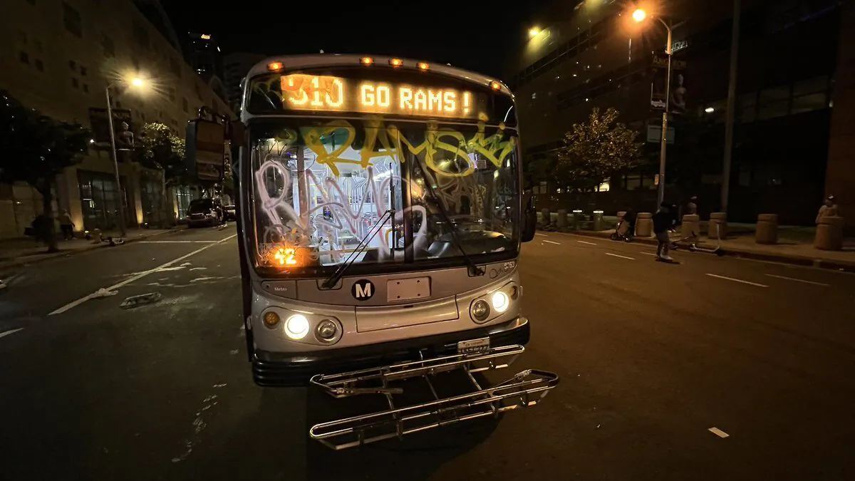 The Los Angeles Police Department issued several dispersal orders and an unlawful assembly in downtown Los Angeles after the Rams took home a triumphant win in the Super Bowl LVI on Feb. 13, 2022. (Courtesy of Clayton Sandell/Newsy)